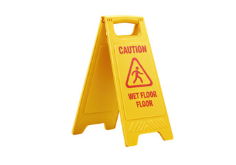 Isolated yellow plastic safety caution sign indicating wet floor hazards for public awareness and...