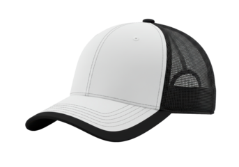 Isolated white and black trucker baseball cap mockup, featuring a curved bill, mesh backing, and a blank canvas for logo or design placement, set against a clean background