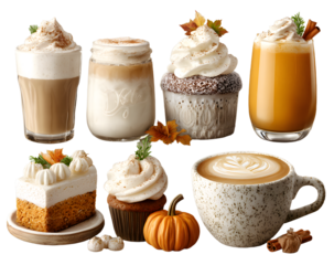 Set of pumpkin spice seasonal flavored products, cofee, latte, cake, soup, smothie. Autumn food and drins isolated on white backgrund. Collection of tasty seet desserts.