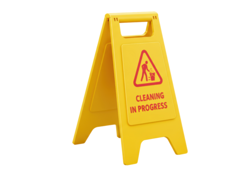 Isolated Caution Sign for Cleaning in Progress, a Yellow Foldable Plastic Safety Symbol with a Red Icon of a Person with a Bucket and Broom, Standing on a White Background