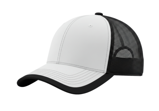 Isolated white and black trucker baseball cap mockup, featuring a curved bill, mesh backing, and a blank canvas for logo or design placement, set against a clean background