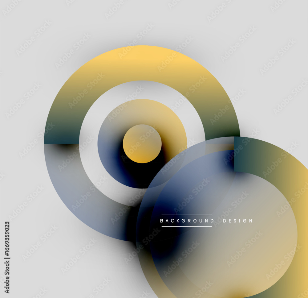 Poster abstract circles overlap, creating dynamic visual effect. yellow, blue, green hues blend smoothly. m