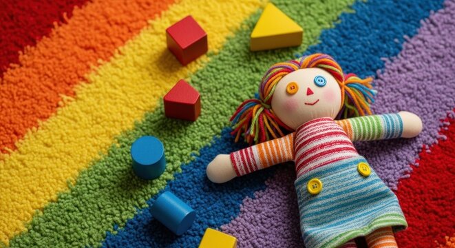 Rag doll with colorful hair/clothing and geometric wood blocks on a bright, striped rainbow shag rug