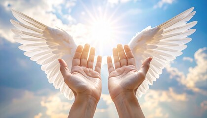 a pair of open hands reaching towards the viewer, with angel wings spread behind them; ethereal light filtering through white clouds above; soft and warm color palette with highlights on each hand's	