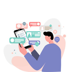 Flat vector of person using smartphone for social media, chat, and news. Minimal style with pastel tones.Everyday technology concept