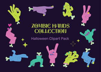 Cartoon Halloween zombie hands clipart collection. Colourful, fun, and spooky illustrations of monster hands with different gestures. Perfect for invitations, posters, crafts, festive designs.