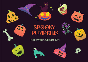 Cartoon Halloween pumpkins clipart. Fun and spooky illustrations of pumpkins with different faces, jack-o’-lanterns, witch hat, and caramel skull apple. Fun cartoon vector illustrations.