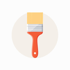 A flat paintbrush with a red handle and yellow bristles is depicted against a light beige circular background.