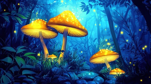Magical glowing mushrooms illuminating a mystical forest with fireflies and blue foliage at night