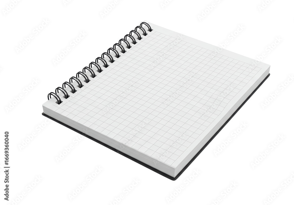 Poster isolated angled view of a ring-bound graph paper notebook with blank pages on a white background, pe