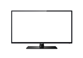 Isolated Modern Black Television Set with Empty White Screen Display, Standing on a Glossy Black Base, Perfect for Inserting Images and Videos into a Clean, Minimalist Mockup.