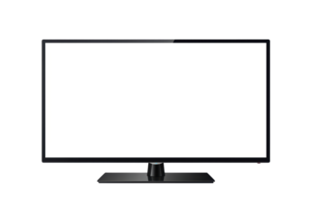 Isolated Modern Black Television Set with Empty White Screen Display, Standing on a Glossy Black Base, Perfect for Inserting Images and Videos into a Clean, Minimalist Mockup.
