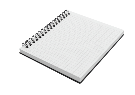 Isolated Angled View of a Ring-Bound Graph Paper Notebook with Blank Pages on a White Background, Perfect for Presentations and Design Mockups