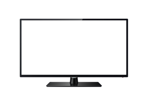 Isolated Modern Black Television Set with Empty White Screen Display, Standing on a Glossy Black Base, Perfect for Inserting Images and Videos into a Clean, Minimalist Mockup.
