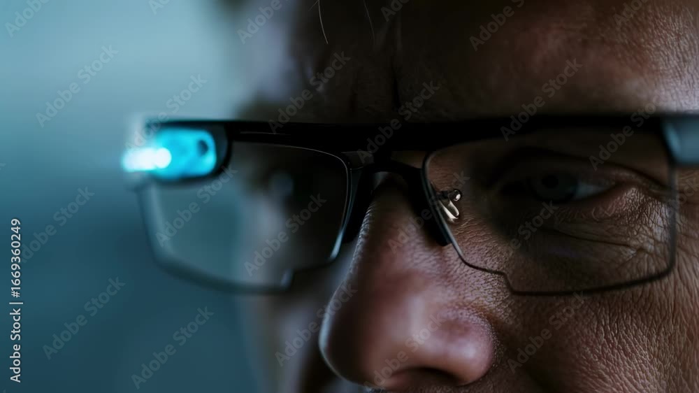 Poster close medium shot highlighting smart glasses interface delivering realtime transcription for a senio
