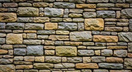 Fototapeta premium Textured close-up shows a wall constructed of various-sized, weathered stones in shades of gray, tan, and brown, arranged for visual appeal