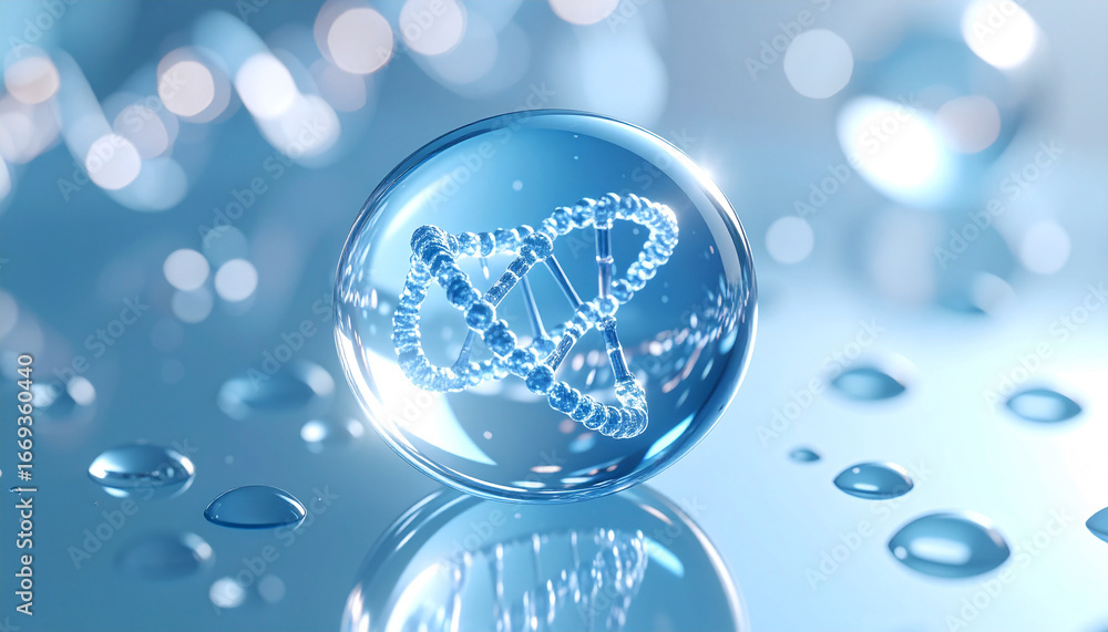 Aufkleber dna structure in water droplet: a detailed 3d rendering showcasing a dna structure encapsulated with