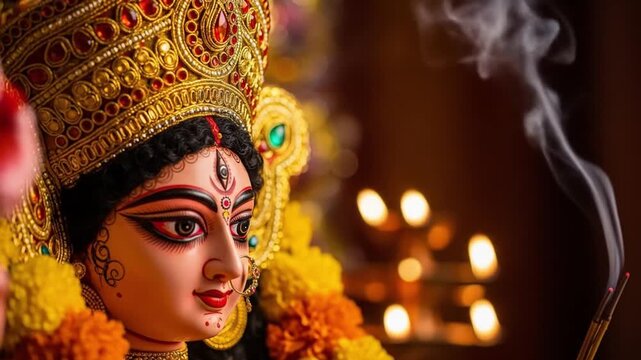 "Happy Navratri Festival Celebration with Kalash, Flowers, Diyas and Goddess Silhouette"
