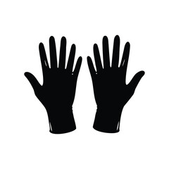 Silhouette image depicting two protective latex medical gloves on a white background, garden gloves illustration silhouette