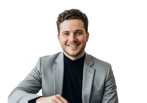 Smiling young professional man in suit portrait with curly hair isolated on transparent background