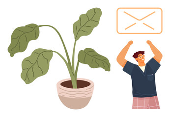 Young person raising hands excitedly next to a leafy potted plant and an envelope outline. Ideal for communication, personal achievement, nature, digital messaging, emotional expression, joy