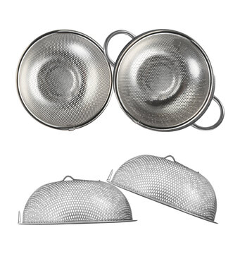 shiny stainless steel kitchen strainers for ingredient preparation