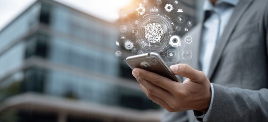 Man Uses Phone With Glowing Data Graphics