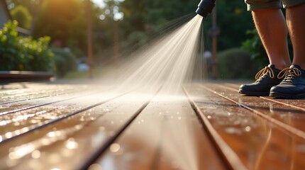 Fototapeta premium Close up of a person pressure washing a wooden deck outdoors on a sunny day with water spraying and creating a mist