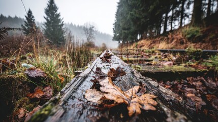 Fallen leaves rest on weathered railway sleepers, a misty forest path stretches ahead, evoking a sense of quiet solitude.