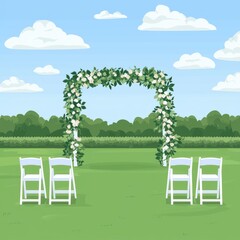 Fototapeta premium Whimsical outdoor wedding ceremony arch with white flowers and wooden chairs on lush green lawn