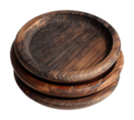 Crafted wooden plates stacked kitchen food rustic top view isolated on transparent background