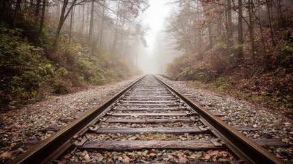 Obraz premium Foggy autumnal railway track winds through a tranquil woodland.