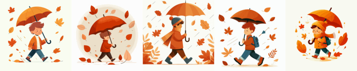 vector of a little boy walking with an umbrella in autumn © Vector