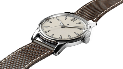 Elegant Silver Wristwatch with Beige Dial and Brown Fabric Strap on Transparent Background