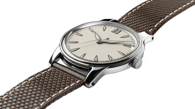 Elegant Silver Wristwatch with Beige Dial and Brown Fabric Strap on Transparent Background