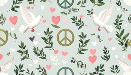 International Day of Peace September 15 Pattern of white doves, olive branches, and red hearts on soft background