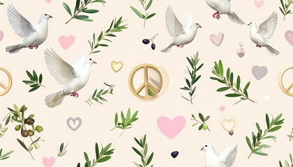 International Day of Peace September 15 Pattern of white doves, olive branches, and red hearts on soft background