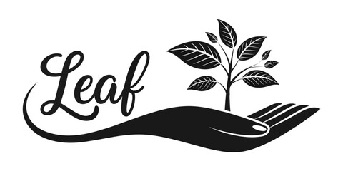 Naklejka premium Minimalist ecological logo featuring a cupped hand holding a sapling and elegant Leaf typography.