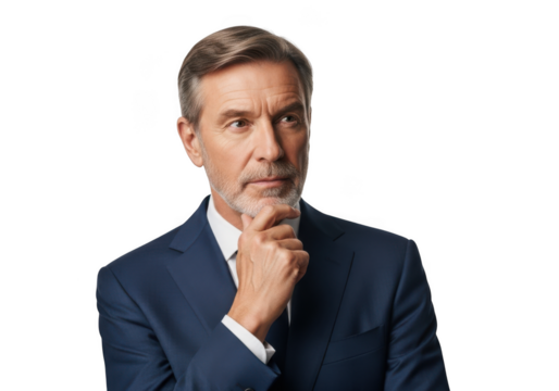 Thoughtful businessman portrait png image, senior executive thinking, decision making, strategy planning, isolated on transparent background