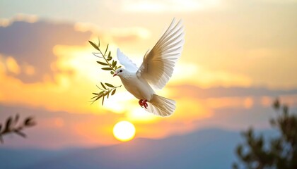 International Day of Peace September 15 White dove flying with olive branch at sunrise