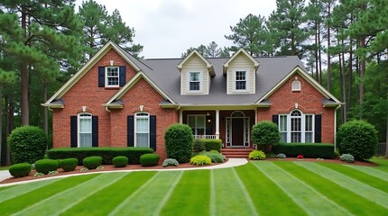 Obraz premium Beautifully manicured suburban brick house with pristine striped lawn and lush green landscaping surrounded by mature pine trees on a cloudy day