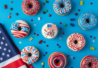 Naklejka premium American themed donuts and cupcake for celebration