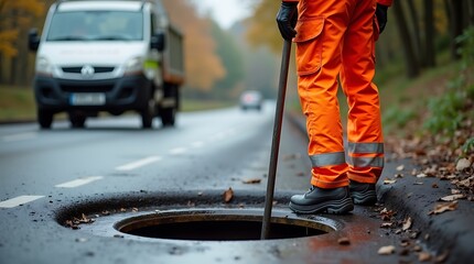 Worker in bright orange safety pants and boots uses a long pole to inspect an open manhole on a wet asphalt road with a van in the background