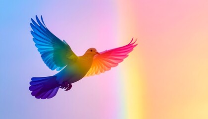 Fototapeta premium International Day of Peace September 15 Vibrant rainbow bird in flight on pastel gradient background