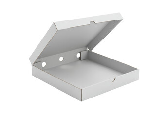 Isolated Open Unused White Cardboard Pizza Box, Delivery Container, Empty Food Package with Top Flap Folded Back, Circular Vent Holes, Unsealed
