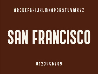 San Francisco Typography Design with White Uppercase Letters, Alphabet, and Numbers 0-9 on Solid Dark Brown Background, Modern Educational Text Graphic.
