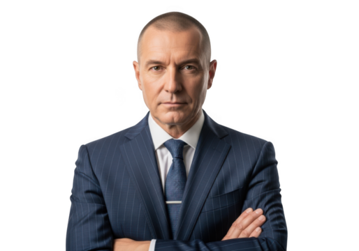 Professional businessman in suit with arms crossed portrait headshot stock photo image png for design and editing isolated on transparent background
