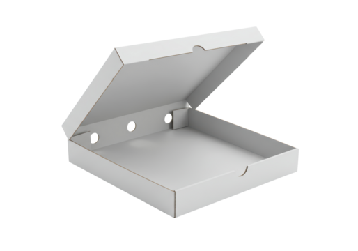 Isolated Open Unused White Cardboard Pizza Box, Delivery Container, Empty Food Package with Top Flap Folded Back, Circular Vent Holes, Unsealed