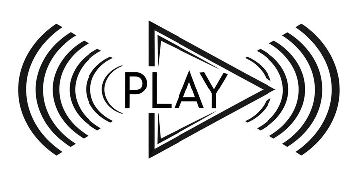 Modern black play button icon with a double-outlined triangle and radiating sound waves.