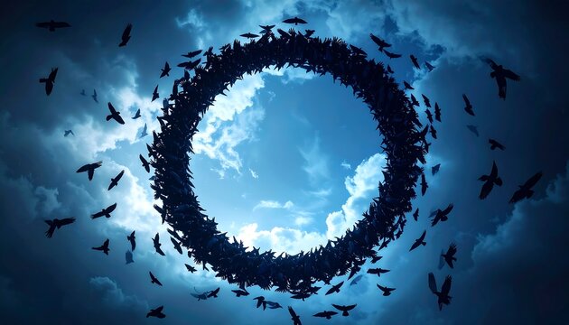 A flock of birds forms a ring against a stormy sky, creating a circular void